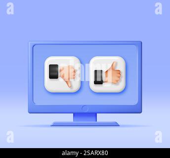3D Daumen hoch und Daumen runter Handgesten im Computer isoliert. „Gefällt mir“- und „gefällt mir nicht“-Handsymbole auf dem Bildschirm rendern. Symbole für Kundenbewertung oder Abstimmung. Zeichentrickfinger-Gesten. Vektorabbildung. 3D Daumen hoch und Daumen runter Hände im Computer Stock Vektor