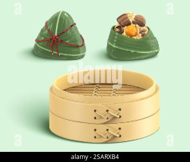 Isolierte 3D-Elemente des Duanwu Festivals. Inklusive eingewickeltem, unverpacktem Reisknödel und einem Bambusdampfer. 3D-Elemente des Duanwu Festivals Stock Vektor