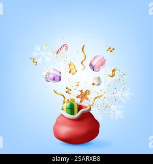 3D Open Santa Claus Sack voller Geschenke isoliert. Rendering Red Cloth Bag für Geschenke. Frohe Neujahrsdekoration. Frohe Weihnachtsfeiertage. Neujahrsfeier. Realistische Vektordarstellung. 3D Open Santa Claus Sack voller Geschenke Stock Vektor
