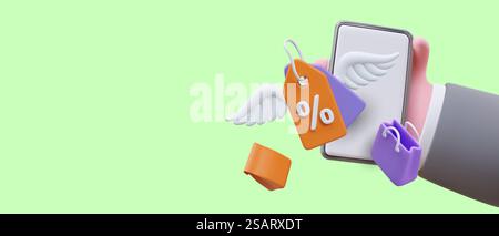 3D realistisches Handheld-Handy, Tag mit Rabatt und Papiertaschen. Poster mit Platz für Text und grünem Hintergrund. Vektorabbildung im 3D-Stil. 3D realistisches Handheld-Handy, Tag mit Rabatt und Papiertaschen Stock Vektor