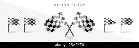 Karierte Rennfahnen. Realistisches Finish-Flaggenset für Autorennen und Sportwettkämpfe. Vektorabbildung Stock Vektor