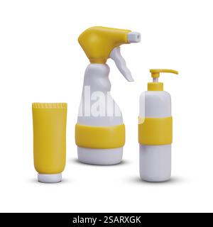 Realistische 3D-Flaschen mit gelben Elementen. Kunststoffflaschen mit Haushaltschemikalien und Reinigungsprodukten. Hauspflege und Reinigungskonzept. Vektorabbildung. Realistische 3D-Flaschen mit gelben Elementen. Kunststoffflaschen mit Haushaltschemikalien Stock Vektor
