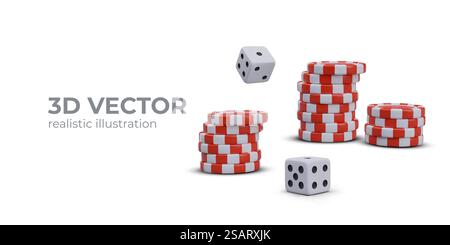 Poster mit Sammlung von roten Chips und Spielwürfeln. Casino-Konzept auf weißem Hintergrund. Poker Casino Sammlung. Glücksspiel-Poker-Website. Vektorabbildung im 3D-Stil. Poster mit Sammlung von roten Chips und Spielwürfeln Stock Vektor