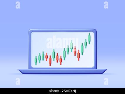 3D-Wachstumsdiagramm auf Laptop-Computer. „Stock Candle on Monitor“ zeigt Wachstum oder Erfolg an. Finanzposition, Geschäftsinvestition, Finanzmarkthandel. Geld und Bankwesen. Vektorabbildung. 3D-Wachstumsdiagramm auf Laptop-Computer. Stock Vektor