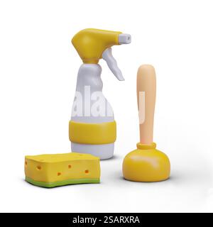 Professionelle Klempnerausrüstung. Sprühflasche und Schwamm chemisch reinigen. Toilettenreinigungswerkzeug. Reinigungskonzept. Vektorabbildung im 3D-Stil in gelben Farben. Professionelle Klempnerausrüstung. Sprühflasche und Schwamm chemisch reinigen Stock Vektor