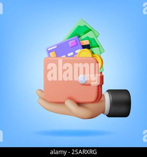 3D Geldbörse und Ledertasche in der Hand. Bankkarte und Geldbeutel. Goldmünzen und Dollarscheine. Geldwechsel Rendern. Wachstum, Einkommen, Einsparungen, Investitionen. Symbol des Reichtums. Geschäftserfolg. Vektorabbildung... 3D Geldbörse und Ledertasche in der Hand Stock Vektor
