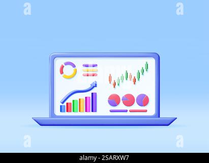 3D-Wachstumsdiagramm und Pfeil im Computer. Rendering Stock Pfeil mit Geld auf Laptop zeigt Wachstum oder Erfolg. Finanzposition, Bericht, Geschäftsinvestition. Geld und Bankwesen. Vektorabbildung. 3D-Wachstumsdiagramm und Pfeil im Computer Stock Vektor