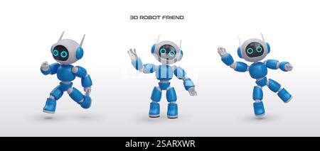 Set von realistisch freundlichen Robotersoldaten in verschiedenen Positionen. Robotergruß. Zukunftsweisendes Technologiekonzept Vektorabbildung in blauen Farben im 3D-Stil. Set von realistisch freundlichen Robotersoldaten in verschiedenen Positionen Stock Vektor