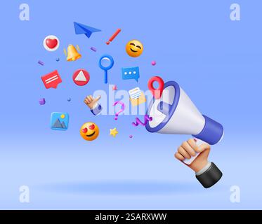 3D-Megaphone mit fliegenden Social-Media-Symbolen. Rendern Sie „gefällt mir“, „Bild“, „Nachricht“ und „Videozeichen“ und „Lautsprecher“. Chat, Bild, Video Social Network Symbols Concept. Vektorabbildung. 3D-Megaphone mit fliegenden Social-Media-Symbolen Stock Vektor