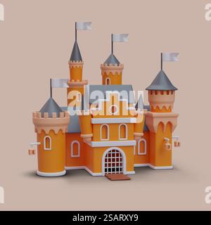 3D realistisches orangefarbenes Fantasy-Schloss. Modell für Computerspiele, 3D-Spielzeug für Kinder. Haus aus Feenschwanz. Vektor-Illustration mit orangem Hintergrund im Cartoon-Stil. 3D realistisches orangefarbenes Fantasy-Schloss. Modell für Computerspiele, 3D-Spielzeug für Kinder Stock Vektor