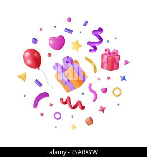 3D-Partykonfetti isoliert auf weiß. Render Plastilin-Konfetti-Kollektion. Bunte Feuerwerkselemente in verschiedenen Formen. Party, Überraschung oder Geburtstagsfeiern. Vektorabbildung. 3D-Partykonfetti isoliert auf weiß. Stock Vektor