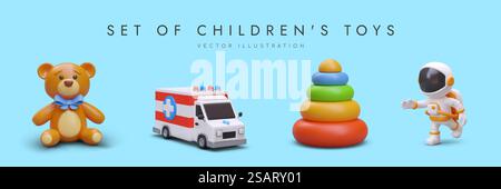 Set mit Spielzeug für Kinder auf blauem Hintergrund. Niedlicher weicher Teddybär, Krankenwagen, Bildungspyramide mit bunten Ringen, Astronaut und Krankenwagen. Vektorabbildung. Set mit Spielzeug für Kinder auf blauem Hintergrund. Süßer, weicher Teddybär, Krankenwagen Stock Vektor