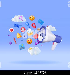 3D-Megaphone mit fliegenden Social-Media-Symbolen. Rendern Sie „gefällt mir“, „Bild“, „Nachricht“ und „Videozeichen“ und „Lautsprecher“. Chat, Bild, Video Social Network Symbols Concept. Vektorabbildung. 3D-Megaphone mit fliegenden Social-Media-Symbolen Stock Vektor