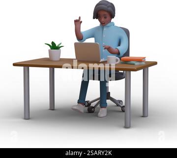 Black man tippt am Laptop. Büromitarbeiter kommuniziert online. Freiberuflicher Mitarbeiter führt Aufgaben aus. Soziale Netzwerke. Fernarbeit. Farbvektorkonzept im Cartoon-Stil. Black man tippt am Laptop. Büromitarbeiter kommuniziert online Stock Vektor