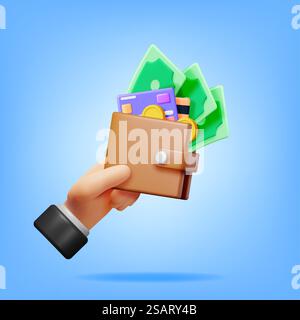 3D Geldbörse und Ledertasche in der Hand. Bankkarte und Geldbeutel. Goldmünzen und Dollarscheine. Geldwechsel Rendern. Wachstum, Einkommen, Einsparungen, Investitionen. Symbol des Reichtums. Geschäftserfolg. Vektorabbildung... 3D Geldbörse und Ledertasche in der Hand Stock Vektor