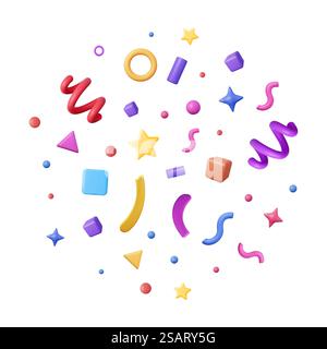 3D-Party-Konfetti-Set isoliert auf weiß. Render Plastilin-Konfetti-Kollektion. Bunte Feuerwerkselemente in verschiedenen Formen. Party-, Urlaubs-, Überraschungs- oder Geburtstagsveranstaltungen. Vektorabbildung. 3D-Party-Konfetti-Set isoliert auf weiß. Stock Vektor