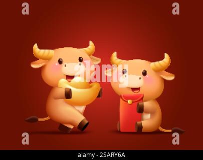 2021 Chinesisches Neujahrstier isoliert auf rotem Hintergrund. Zwei Zeichentrickbabys mit rotem Umschlag und Goldbarren. 2021 CNY Ochsentier-Cartoon-Elemente Stock Vektor