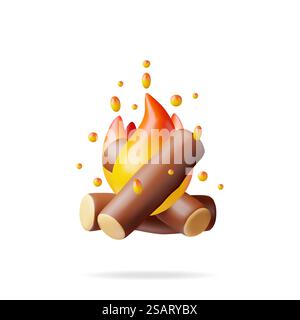 3D-Lagerfeuer im Cartoon-Stil isoliert auf weiß. Bringe Feuer oder Lagerfeuer. Comic Fire mit Logs Symbol, Energie und Energie Zeichen, Tourismus, Camping und Reisen. Realistische Vektordarstellung. 3D-Lagerfeuer im Cartoon-Stil Stock Vektor