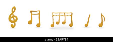 Realistischer Höhenschlüssel und verschiedene Goldnoten auf weißem Hintergrund. Gelbe schöne Musiksymbole. Musikkonzept. Vektorabbildung im 3D-Stil in gelben Farben. Realistischer Höhenschlüssel und verschiedene Goldnoten auf weißem Hintergrund Stock Vektor