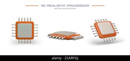 Realistischer Prozessor in verschiedenen Positionen. Zentrale Recheneinheit, CPU. Satz von Mikroprozessoren auf weißem Hintergrund. Isolierte Illustrationen mit Schatten. IT-Symbole. Farbvektorbild. Realistischer Prozessor in verschiedenen Positionen. Zentrale Recheneinheit, CPU Stock Vektor
