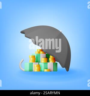 3D-Stapel Münzen und Dollar unter Regenschirm isoliert. Render Regenschirm Schützt Geld. Geldschutz, Konzept für finanzielle Einsparungen. Business, Cash Care, Banking. Vektorabbildung. 3D-Stapel Münzen und Dollars unter Regenschirm Stock Vektor