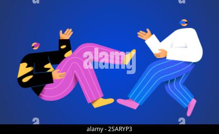 Menschen sind Charakterelemente junger Männer, die eine VR-Brille tragen und in der Luft schweben. Konzept der Metaverse oder immersiven Erfahrung. Isoliert auf dunkelblauem Hintergrund. People Elements mit VR-Brille Stock Vektor