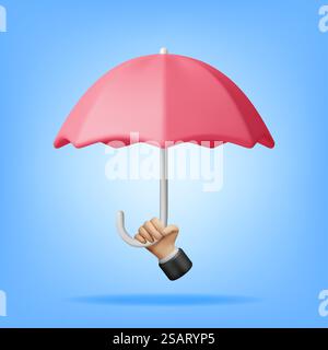 Klassischer roter 3D-Regenschirm in Hand isoliert. Persönliches Zubehör Für Den Regenschirm Rendern. Schutz vor Regen, Versicherungssymbol. Realistische Vektordarstellung. Klassischer roter 3D-Regenschirm in der Hand Stock Vektor