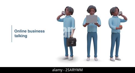 Afrikanischer Mann, der am Telefon spricht. Geschäftsangestellter hält Laptop und schreibt. Männlich löst geschäftliche Probleme. Online-Business Talking-Konzept. Bunte Vektorillustration im 3D-Stil. Afrikanischer Mann, der am Telefon spricht. Geschäftsangestellter hält Laptop und schreibt Stock Vektor