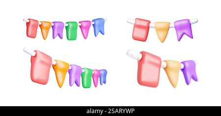 3D-Set mit Wimpelfahnen isoliert auf weiß. Rendern Sie Die Festliche Girlande Der Bunting-Girlande Realistisch. Horizontale Farbdekoration Für Partydekoration. Feiertag, Geburtstag, Partyfeier. Illustration Des Zeichentrickvektors. 3D-Set mit Wimpelfahnen isoliert auf weiß Stock Vektor