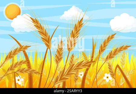 Weizen auf den Feldern. Naturlandschaft mit Ohrenernte. Ganze Stiele, Weizenohren Spikelets mit Samen und Blumen. Bäckerei, Gebäck, Müsli. Haferflocken mit Körnern. Vektorabbildung in abgewickelter Form. Weizen auf den Feldern. Landschaft mit Ohrenernte. Stock Vektor