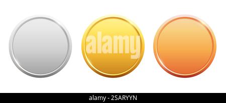 Logokollektion mit Medaillen. Set mit glänzenden runden Auszeichnungen in Metallic-Farben in Gold, Silber und Bronze. Luxuriöse Rahmen, Dekorationsembleme. Isolierte abstrakte grafische Designvorlage Stock Vektor