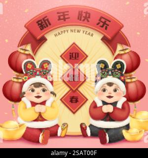 Molliges Baby mit chinesischem Tigerhut, der Faust und Palmensalut mit Goldbarren macht, chinesische Textübersetzung: Happy Lunar Year und begrüßen Sie den Frühling auf rosa Hintergrund. Molliges Baby-Mondjahr-Gruß Stock Vektor