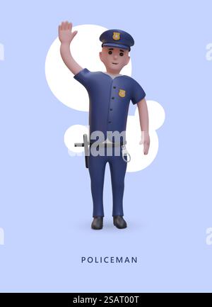 Poster mit dem Mann hebt seine Hand und grüßt. Polizist im Kostüm, mit Sheriff-Star im realistischen 3D-Stil. Justiz und Recht. Vektorillustration mit blauem Hintergrund. Poster mit dem Mann hebt seine Hand und grüßt. Polizist im Kostüm, mit Sheriff Stock Vektor