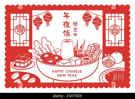 Chinesische Küche auf dem Tisch im traditionellen asiatischen rotem Papierschnitt. Promo-Banner für Reunion Dinner Dinner Stock Vektor