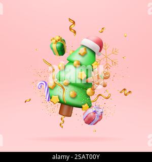 3D-Weihnachtsbaum, dekoriert mit Geschenkboxen, bunten Kugeln, Girlanden Lichtern, goldenem Stern. Rendern Sie Fichte, Immergrünen Baum. Grußkarte, Festliches Poster, Partyeinladungen. Neujahr. Vektorabbildung. 3D-Weihnachtsbaum dekoriert Stock Vektor