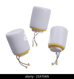 Sammlung elektrischer Warmwasserbereiter Kessel mit Knöpfen, Schläuche für kaltes und heißes Wasser. Farbvektorobjekt, Ansicht aus einem anderen Winkel. Ausstattung für Bad, Küche. Isolierte Abbildung. Sammlung elektrischer Warmwasserbereiter Kessel mit Knöpfen, Schläuche für kaltes und heißes Wasser Stock Vektor