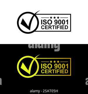 ISO-Zertifizierungsstempel oder -Etikett in schwarz-goldener Farbe isoliert auf weißem und dunklem Hintergrund Stock Vektor