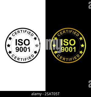 ISO-Zertifizierungsstempel oder -Etikett in schwarz-goldener Farbe isoliert auf weißem und dunklem Hintergrund Stock Vektor