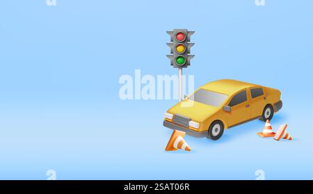 3D-Limousine mit isolierten Verkehrskegeln und Ampeln. Renderkonzept der Fahrschule. Fahrkurse, Lehrerdienste für Ausbilder und Tests für die Ausbildung von Fahrzeugen. Realistische Vektordarstellung. 3D-Limousine mit Kegeln und Ampeln Stock Vektor