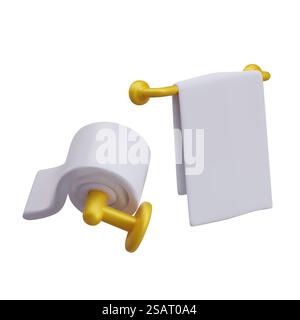 Realistisches Handtuch und Toilettenpapier am Halter. Körperpflege- und Körperhygienekonzept. Kollektion für Badezimmer. Vektorillustration in realistischem 3D-Stil mit goldenen Elementen. Realistisches Handtuch und Toilettenpapier am Halter. Körperpflege- und Körperhygienekonzept Stock Vektor