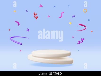 Weißes 3D-Podium mit isoliertem Konfetti. Stufenmodell Rendern. Plattform mit Konfetti. Valentinstag, Geburtstagskarte, Produktpräsentationswerbung. Realistische Vektordarstellung. Weißes 3D-Podium mit isoliertem Konfetti. Stock Vektor