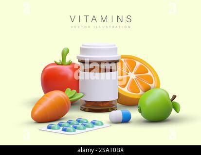 Das Konzept der natürlichen und medizinischen Vitamine. 3D realistisches Gemüse reich an Vitaminen und Früchten, Glas und Blisterpackung mit Medikamenten. Die Vielfalt der Vitaminpillen. Vektorillustration in roten und grünen Farben. Das Konzept der natürlichen und medizinischen Vitamine. 3D realistisches Gemüse reich an Vitaminen und Früchten Stock Vektor