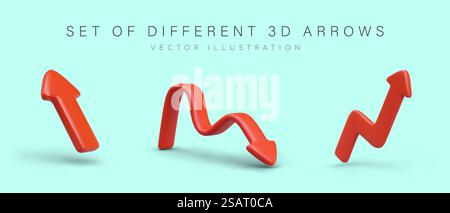 Satz mit 3 roten Pfeilen verschiedener Typen. Gerade, gebrochene, wellige Zeiger im Plastilin-Stil. Isoliertes Vektorbild. Richtungszeichen, klicken Sie auf Hinweis. Modernes Webdesign. Satz mit 3 roten Pfeilen verschiedener Typen. Gerade, gebrochene, wellige Zeiger im Plastilin-Stil Stock Vektor