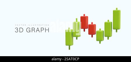 Aktienhandel. Finanzmarkt. Japanische Kerzendiagramm. 3D-Diagramm in Grün und Rot erstellen. Variabler Preis. Statistiken werden in Echtzeit gespeichert. Vektorkonzept mit Platz für Text. Aktienhandel. Finanzmarkt. Japanische Kerzendiagramm. 3D-Diagramm in Grün und Rot erstellen Stock Vektor