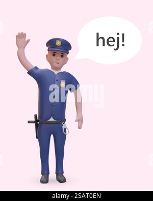 3D-Polizist winkt und grüßt. Dialogwolke mit Text. Männliche Figur in blauer Polizistenuniform zieht Aufmerksamkeit auf sich. Illustration im Cartoon-Stil. 3D-Polizist winkt und grüßt. Dialogwolke mit Text Stock Vektor