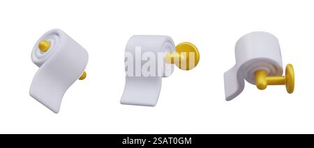 Sammlung von Toilettenpapier auf goldenem Griff auf weißem Hintergrund. Ausstattung für Badezimmer. Das Konzept der Körperhygiene. Vektorabbildung im 3D-Stil mit gelben Elementen. Sammlung von Toilettenpapier auf goldenem Griff auf weißem Hintergrund Stock Vektor