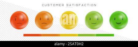 Emoticons Zur Kundenzufriedenheitsumfrage. Emotionale Symbole auf Qualitätsniveau, Bewertung. Business Indicators Konzept. Gehaltsstufen verschiedener Niveaus. Schlechte, normale, gute, ausgezeichnete Stimmung. Vektorabbildung Stock Vektor