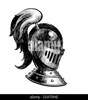 Mittelalterlicher Ritterhelm. Handgezeichnete schwarz-weiße Illustration im Retro-Stil Stockfoto