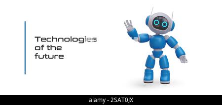 3D elektronischer Assistent, bereit zur Hilfe. Technologie des Zukunftskonzepts. Poster mit süßer und freundlicher Robotergrüße und Platz für Text. Vektorabbildung in blauen Farben. 3D elektronischer Assistent, bereit zur Hilfe. Technologie des Zukunftskonzepts Stock Vektor