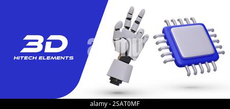 Realistischer Roboterarm, Mikroprozessor. Robotik, zentrale Prozessoreinheit, CPU. Management künstlicher Intelligenz. Automatisierung von Systemen. Vektorillustration auf weißem Hintergrund. Realistischer Roboterarm, Mikroprozessor. Robotik, zentrale Prozessoreinheit, CPU Stock Vektor